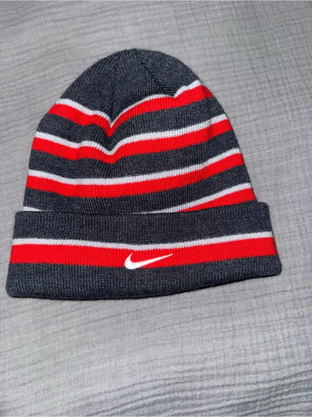 Nike Black, Red & White Striped Cuffed Beanie